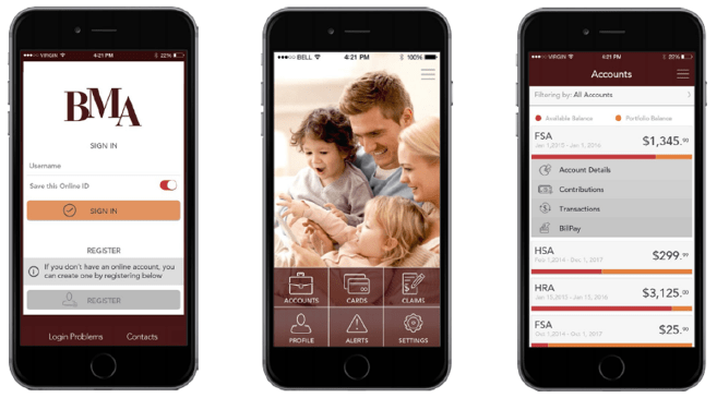 3 iPhone devices showing BMA flexible spending account app UIs