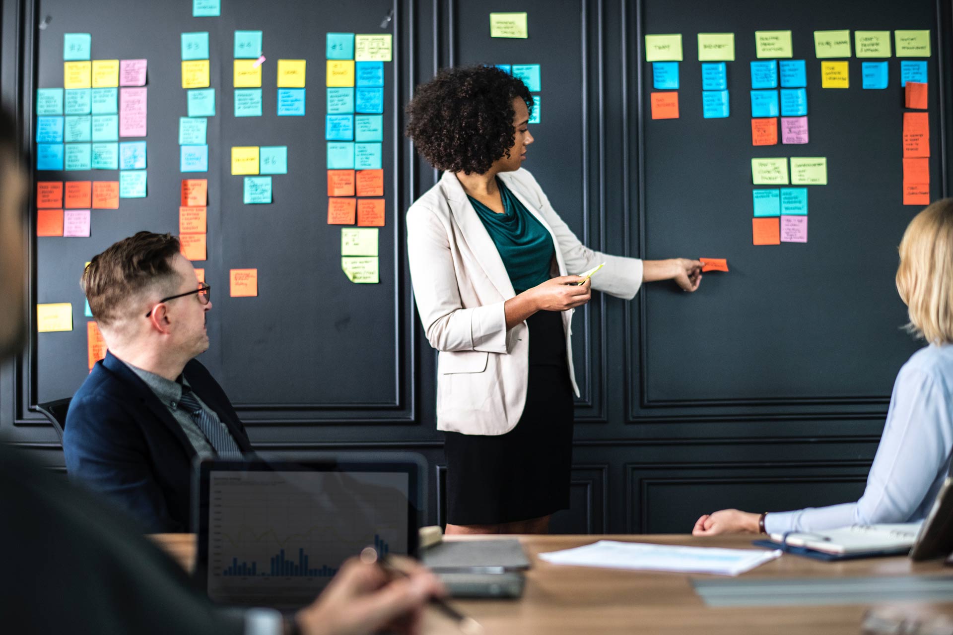 Woman placing many sticky notes on a wall in a meeting